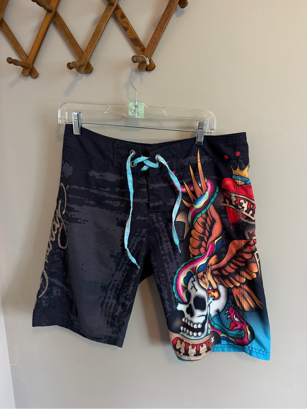 Ed Hardy Y2K Skull Eagle Tattoo Board Shorts Swim Trunks Black Size 32